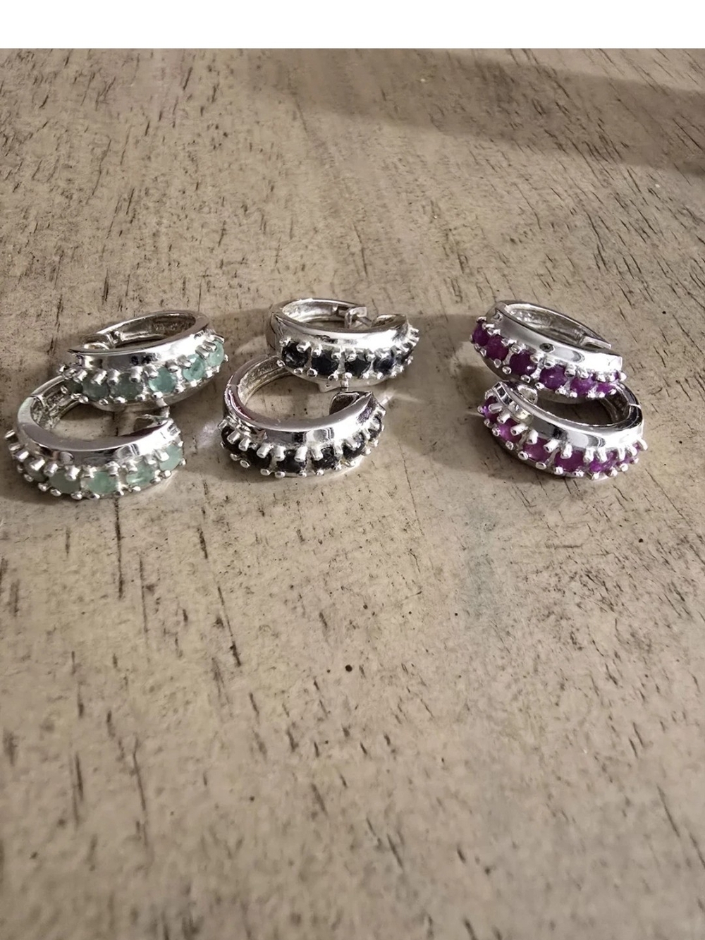 Lot Of STERLING 925 SILVER SEMI HOOP Gemstone HUGGIE EARRINGS/ 3 Sets